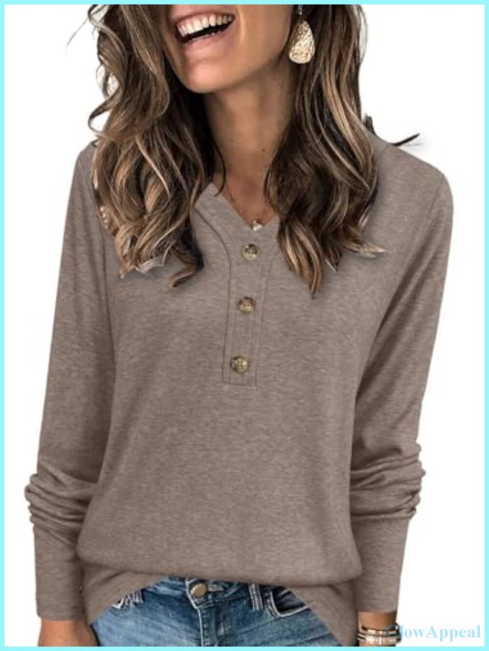 Womens V Neck Henley Tunic Top Long Sleeve Knit Blouse